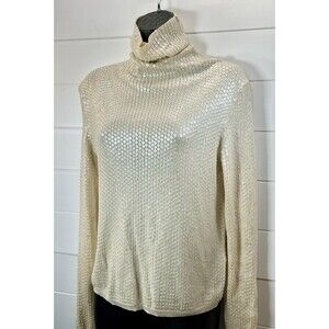 ports 1961 Womens Sweater Small Cream Sequin Turtleneck Glam Mob Wife * Flaw